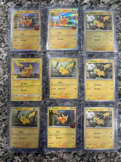 POKEMON TCG PIKACHU 9 CARDS TOTAL HOLO COSMO REVERSE RARE SWIRL WOW - Image 1