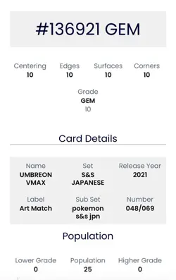 Pokemon TCG Umbreon VMAX Eevee Heroes S6a Card 048/069 Gem 10 - Image 3