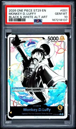 2026 ONE PIECE ST29-EGGHEAD BLACK & WHITE ALT ART #001 MONKEY D. LUFFY PSA 10 - Image 1