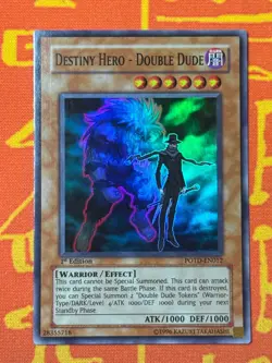 YUGIOH DESTINY HERO - DOUBLE DUDE SUPER RARE 1ST EDITION NEAR MINT POTD-EN012 - Image 1