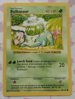 Pokemon Shadowless Bulbasaur 44/102 Base Set TCG Vintage 1999 Card - Image 1