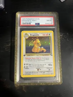 1999 Pokemon Fossil 4 Dragonite Holo 1st Edition PSA 8 - Image 1