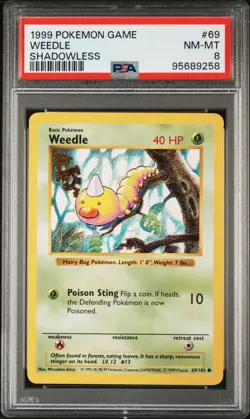1999 POKEMON BASE SET SHADOWLESS #69 WEEDLE PSA 8 - Image 1