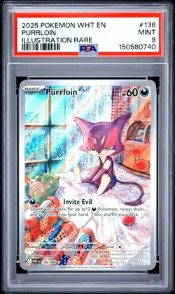 PSA 9 MINT 2025 POKEMON WHT EN-WHITE FLARE #136 PURRLOIN ILLUSTRATION RARE - Image 1