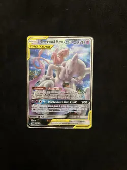 Mewtwo & Mew GX SM191 Tag Team Black Star Promo Sun & Moon Pokemon TCG Damaged - Image 1