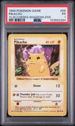 1999 POKEMON BASE SET SHADOWLESS YELLOW CHEEKS #58 PIKACHU PSA 1 - Image 1