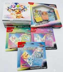 Pokemon TCG Prismatic Evolutions ETB Poster And Full Set Of Tech Tickers Lot - Image 1