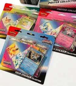 Pokemon TCG Prismatic Evolutions ETB Poster And Full Set Of Tech Tickers Lot - Image 3