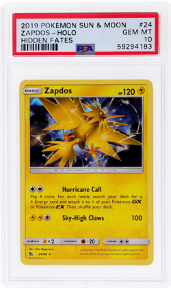 2019 Pokemon Sun and Moon Hidden Fates Zapdos Holo #24 PSA 10 - Image 1