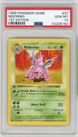 PSA 10 Pokemon TCG 1999 Base Set 1st Edition Shadowless - Nidorino 37/102 - Image 1