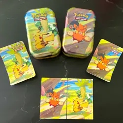 Pokemon TCG Mini Tin Lot 2 Tins, 2 art stickers, & 2 Art Cards Pikachu & Pawmi - Image 1