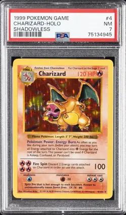 1999 POKEMON BASE SET SHADOWLESS #4 CHARIZARD-HOLO PSA 7 - Image 1