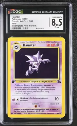 CGC 8.5 Haunter Fossil 1st Edition Incomplete Holo ERROR 6/62 Holo Pokemon Card - Image 1