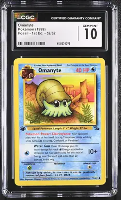 CGC 10 GEM MINT Omanyte 1999 Fossil 1st Edition 52/62 Pokemon Card - Image 1