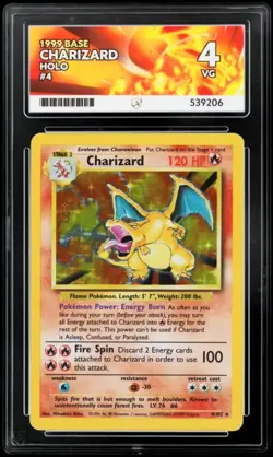 Pokemon Charizard Card 4/102 WOTC 1999 Rare Holo Base Set ACE 4 Graded Not PSA - Image 1
