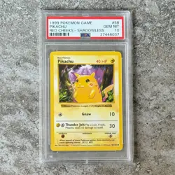 PSA 10 SHADOWLESS PIKACHU #58 - Red Cheeks - Base Set WOTC 1999 Pokemon - Image 1