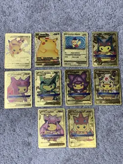 Set of 10 Pokemon Pikachu Gold Foil Fan Art All 7 Cosplay Collection Cards LP - Image 1