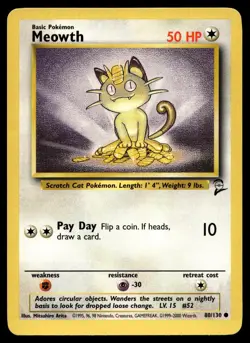 Meowth 80/130 Pokemon Card Base Set 2 Common 50 HP Near Mint G23 - Image 1