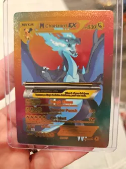 M Charizard EX Rainbow Foil Fan Art Vinyl Collector Card Thunder Punch Pokemon - Image 1