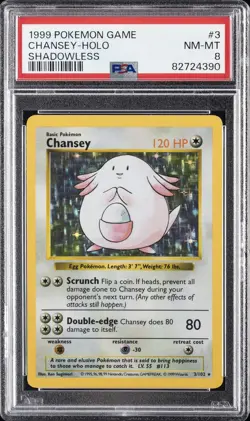 1999 POKEMON GAME SHADOWLESS #3 CHANSEY-HOLO PSA 8 - Image 1