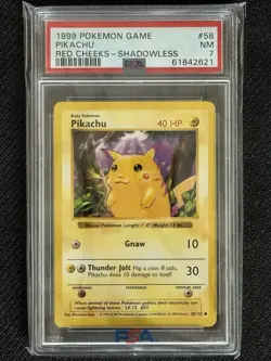 1999 POKEMON BASE SET RED CHEEKS-SHADOWLESS #58 PIKACHU PSA 7 - Image 1
