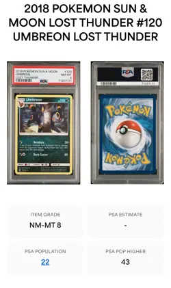 PSA 8 Graded Pokemon card 2018 Umbreon Sun & Moon Lost Thunder - Image 3