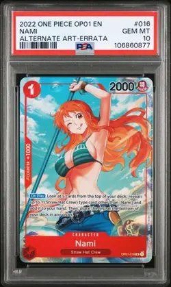 PSA 10 GEM MT Nami OP01-016 Romance Dawn ALT ART Errata Foil One Piece Card Game - Image 1