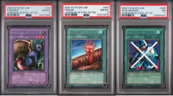 2002 Yu-Gi-Oh! 3 Card LOB 1st Edition Lot Fusionist Stop Defense Fissure PSA - Image 1
