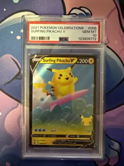 2021 Pokemon Celebrations Surfing Pikachu V HOLO RARE PSA 10 MINT #008 FULL ART - Image 1