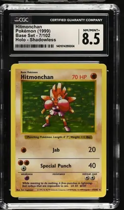 1999 Pokemon Base Set Shadowless Hitmonchan 7/102 Holo Rare CGC 8.5 - Image 1
