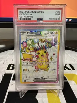2024 POKEMON SSP EN-SURGING SPARKS ULTRA RARE #219 PIKACHU EX PSA 9 - Image 1