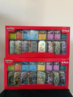 Pokemon Prismatic Evolutions 8 Mini-Tins with Promo Cards Costco 2-pack In Hand - Image 1