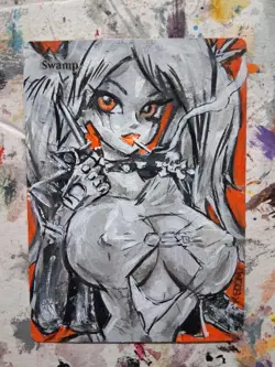 Altered Mtg Hand Painted Goth Punk Girl One Of A Kind Latex Swamp Anime Girl - Image 1
