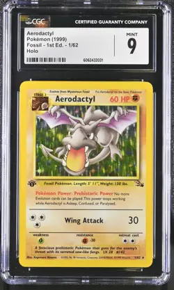 CGC 9 MINT Aerodactyl 1999 Fossil 1st Edition 1/62 Holo Pokemon Card - Image 1