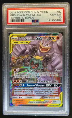2019 Pokemon SM Unbroken Bonds Marshadow Machamp Tag Team Holo #82/214 PSA 10 - Image 1