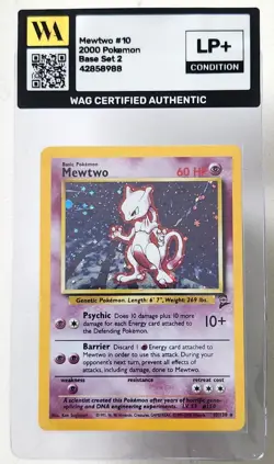WAG Certified Lp+ Pokemon TCG Mewtwo 10/130 Base Set 2 Holo Rare Vintage Card - Image 1