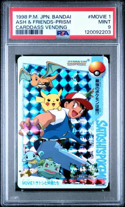 1998 POKEMON JPN BANDAI CARDDASS VENDING #MOVIE 1 ASH & FRIENDS-PRISM PSA 9 - Image 1