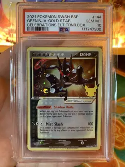 Pokemon Celebrations ETB Greninja Star SWSH144 Black Star Promo-PSA10 + HD SWIRL - Image 1