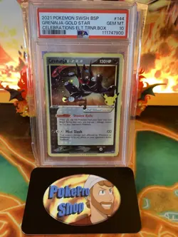 Pokemon Celebrations ETB Greninja Star SWSH144 Black Star Promo-PSA10 + HD SWIRL - Image 3
