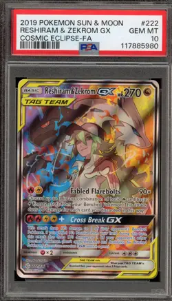 Pokemon Reshiram & Zekrom GX Cosmic Eclipse Full Art #222 PSA 10 - Image 1