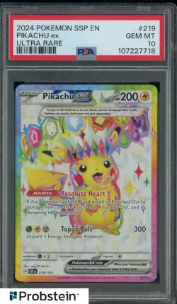 2024 Pokemon SSP EN Ultra Rare #219 Pikachu Ex PSA 10 GEM MINT - Image 1