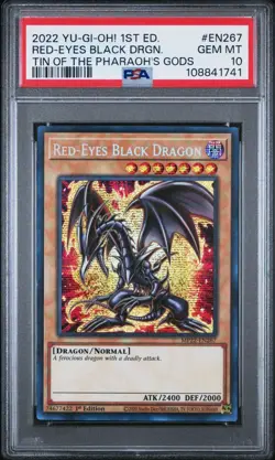 2022 YU-GI-OH! 1ST ED. RED-EYES BLACK DRGN. TIN OF THE PHARAOH's GODS PSA 10 GEM - Image 1