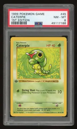 1999 Pokemon 1st Edition Shadowless Caterpie #45 PSA 8 - Image 1