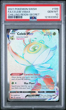 Celebi VMAX PSA 10 English Pokemon Card 199 Chilling Reign 2021 Secret Rainbow - Image 1