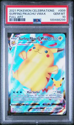 2021 POKEMON CELEBRATIONS #009 FULL ART/SURFING PIKACHU VMAX PSA 10 - Image 1