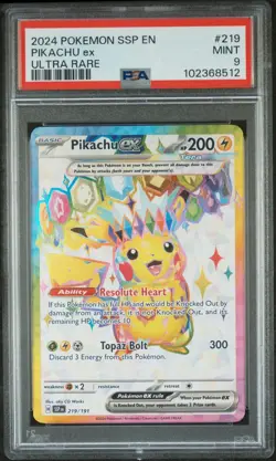 2024 POKEMON SURGING SPARKS ULTRA RARE #219 PIKACHU EX PSA 9 Graded Card - Image 1