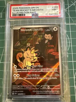 2025 Pokemon DRI EN Team Rocket’s Meowth Illustration Rare #203 (PSA 9 MINT) - Image 1