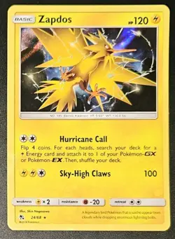 Zapdos 24/68 2019 Pokemon Sun & Moon Hidden Fates Holo Rare - Image 1
