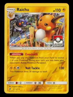 Raichu 41/147 NM Reverse Holo Rare 3rd Place Sun & Moon Pokemon League Promo! - Image 1