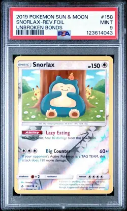 PSA 9 Pokemon TCG Snorlax 158/214 SM Unbroken Bonds Reverse Holo - Image 1